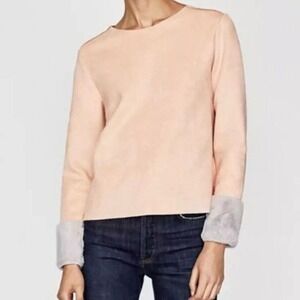 Zara Blush Pink Faux Suede Top with Grey Faux Fur Cuffs Size Medium